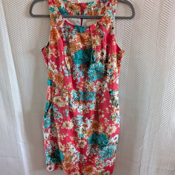 NWT Linen Floral Sheath Dress Pockets Coral & Teal Size 38, Size 6 Summer - Picture 4 of 13